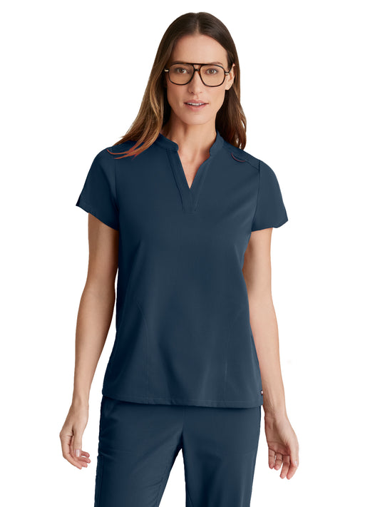 Women's 2 Pocket Banded Collar Avery Top - GRST230 - Steel