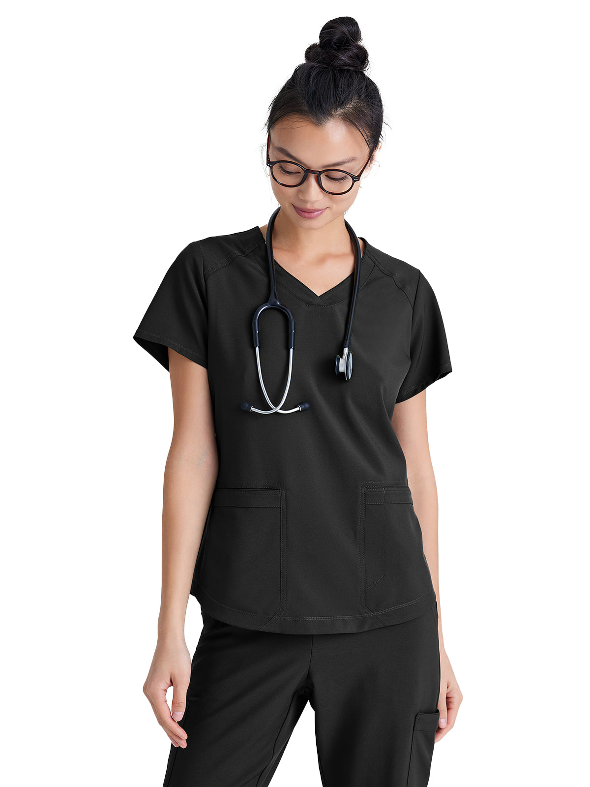 Women's Two-Pocket Piped V-Neck Rhythm Top - GSST180 - Black
