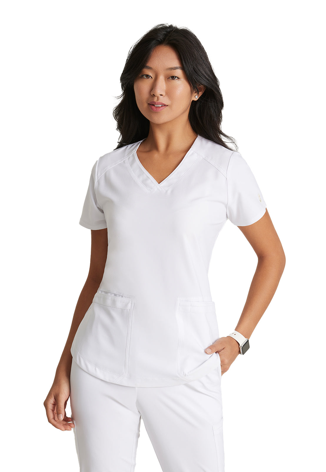 Women's Two-Pocket Piped V-Neck Rhythm Top - GSST180 - White