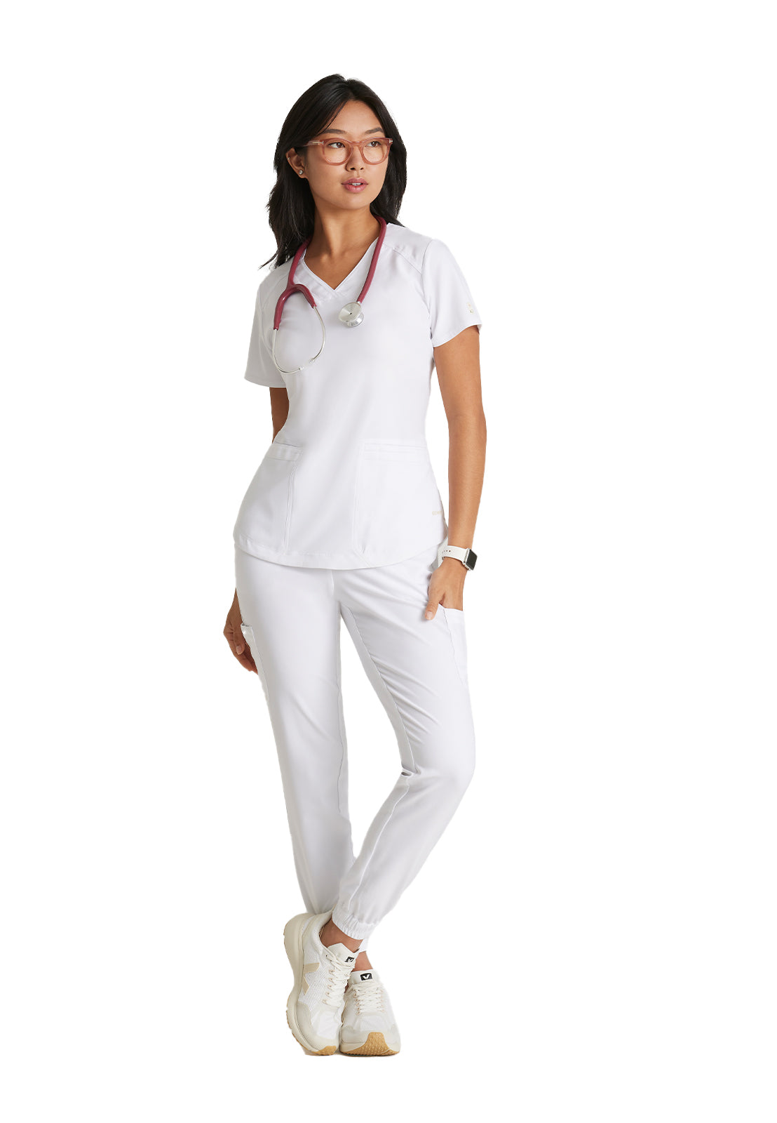 Women's Two-Pocket Piped V-Neck Rhythm Top - GSST180 - White