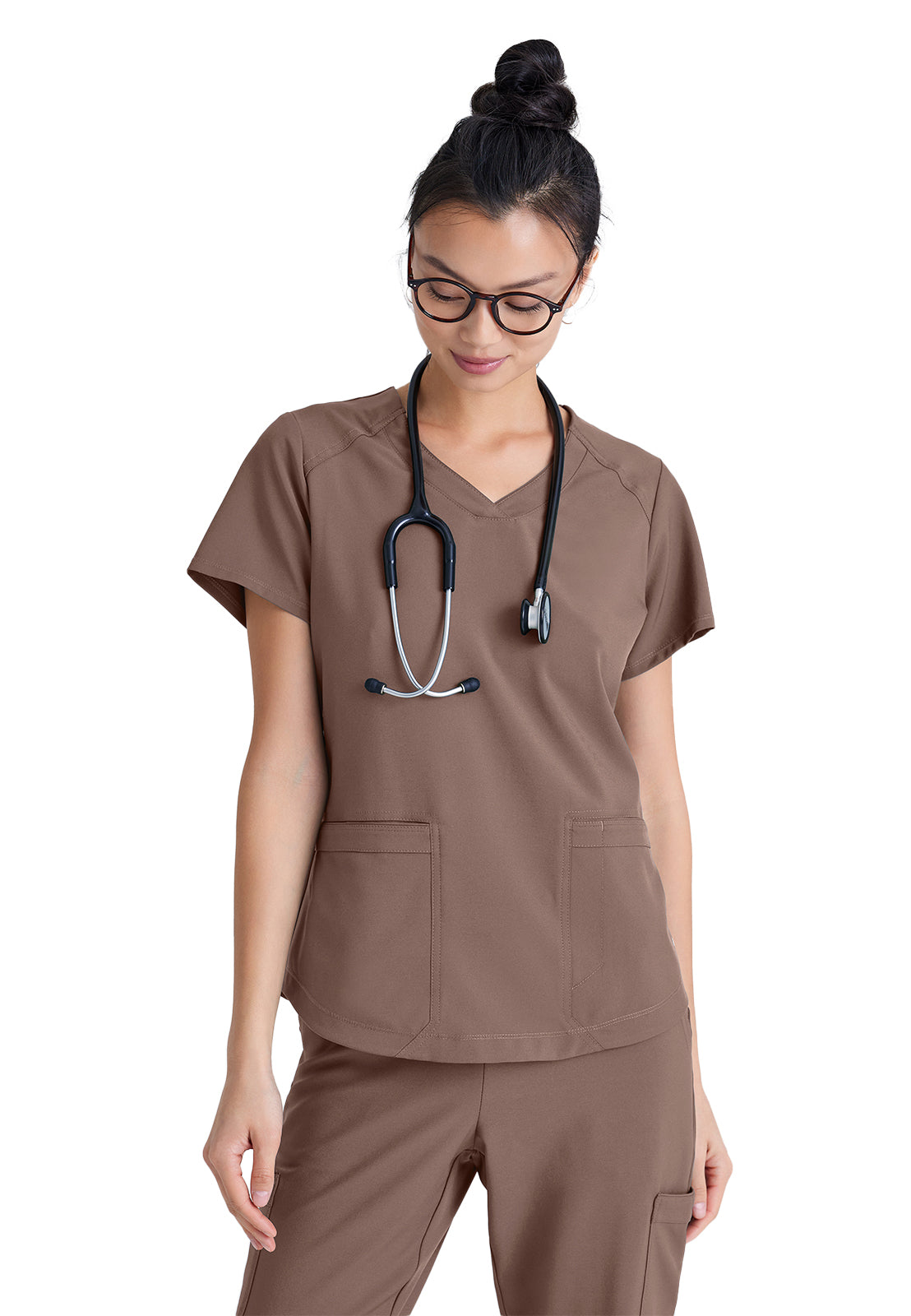 Women's Two-Pocket Piped V-Neck Rhythm Top - GSST180 - Driftwood