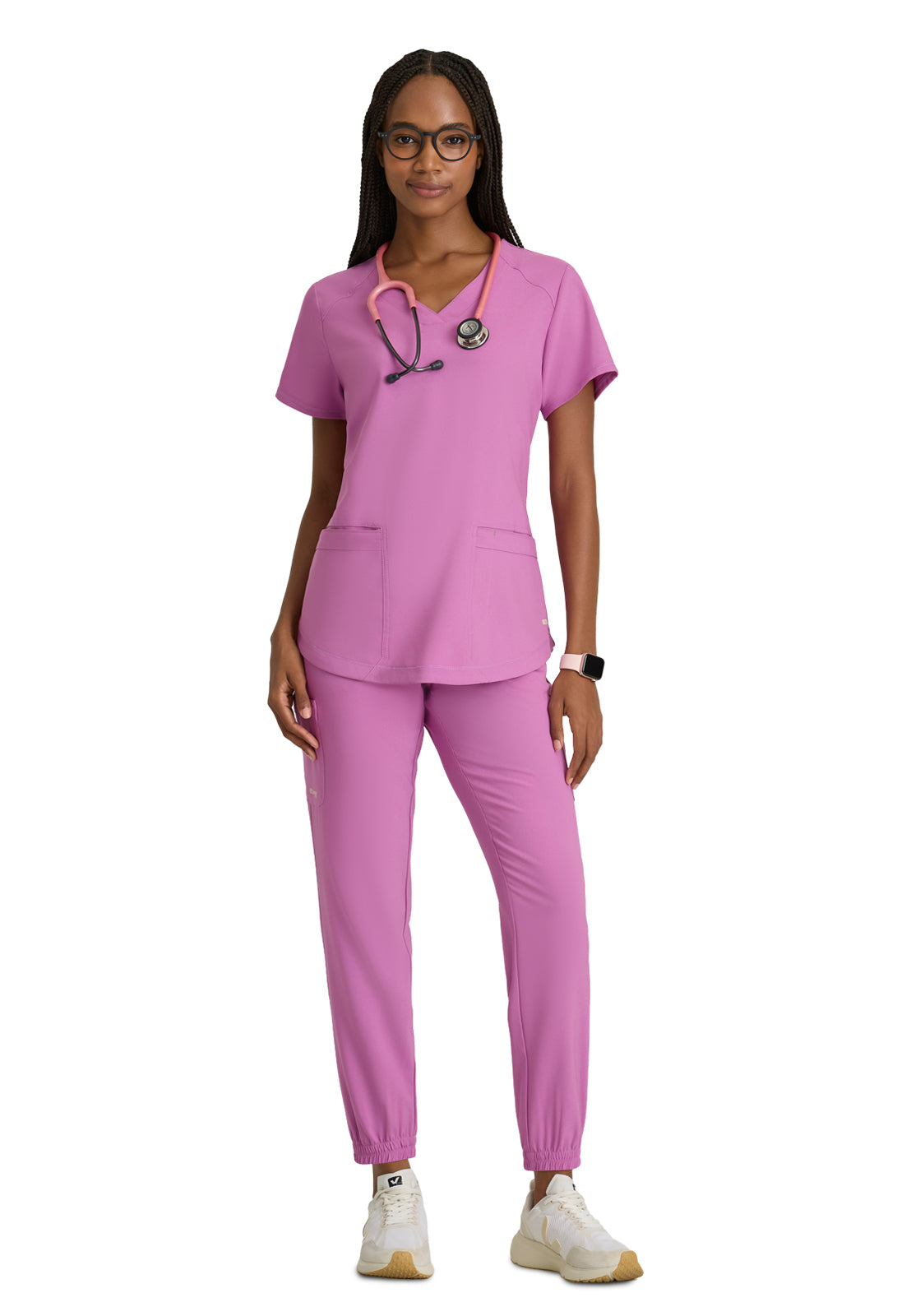 Women's Two-Pocket Piped V-Neck Rhythm Top - GSST180 - Twilight Mauve