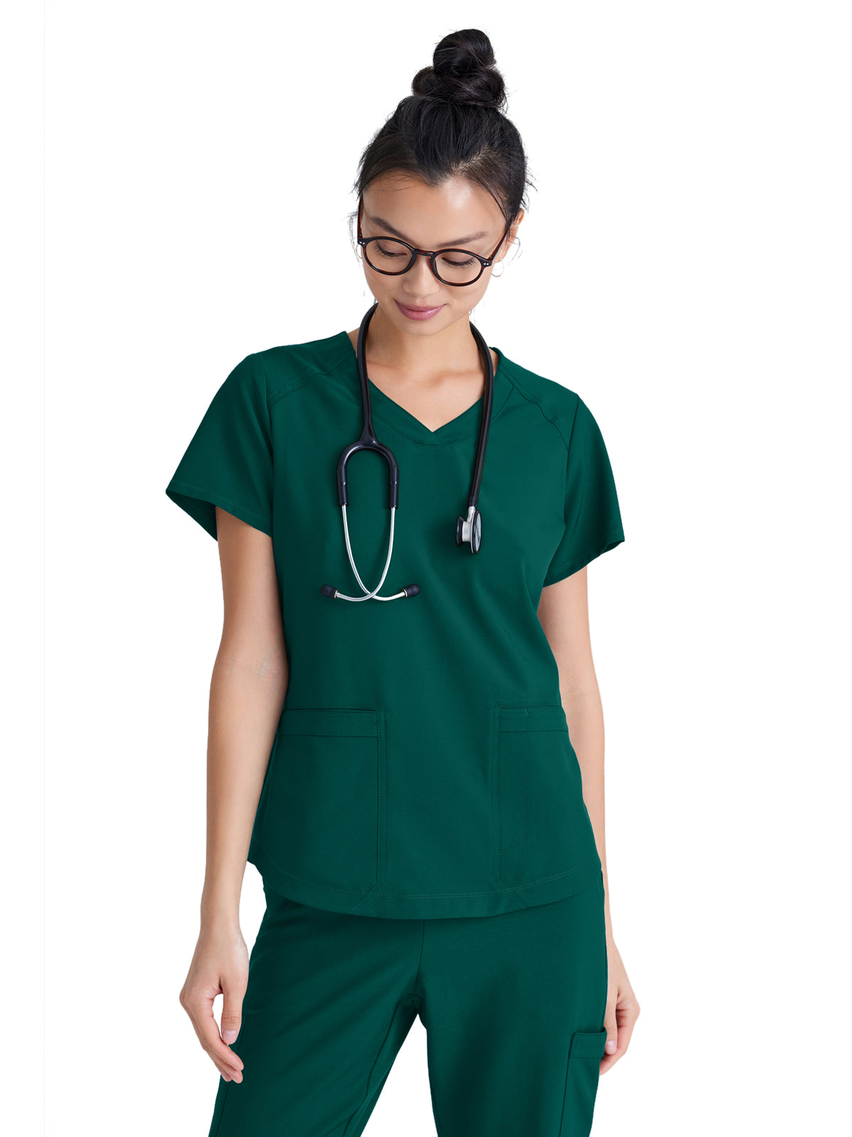 Women's Two-Pocket Piped V-Neck Rhythm Top - GSST180 - Hunter Green