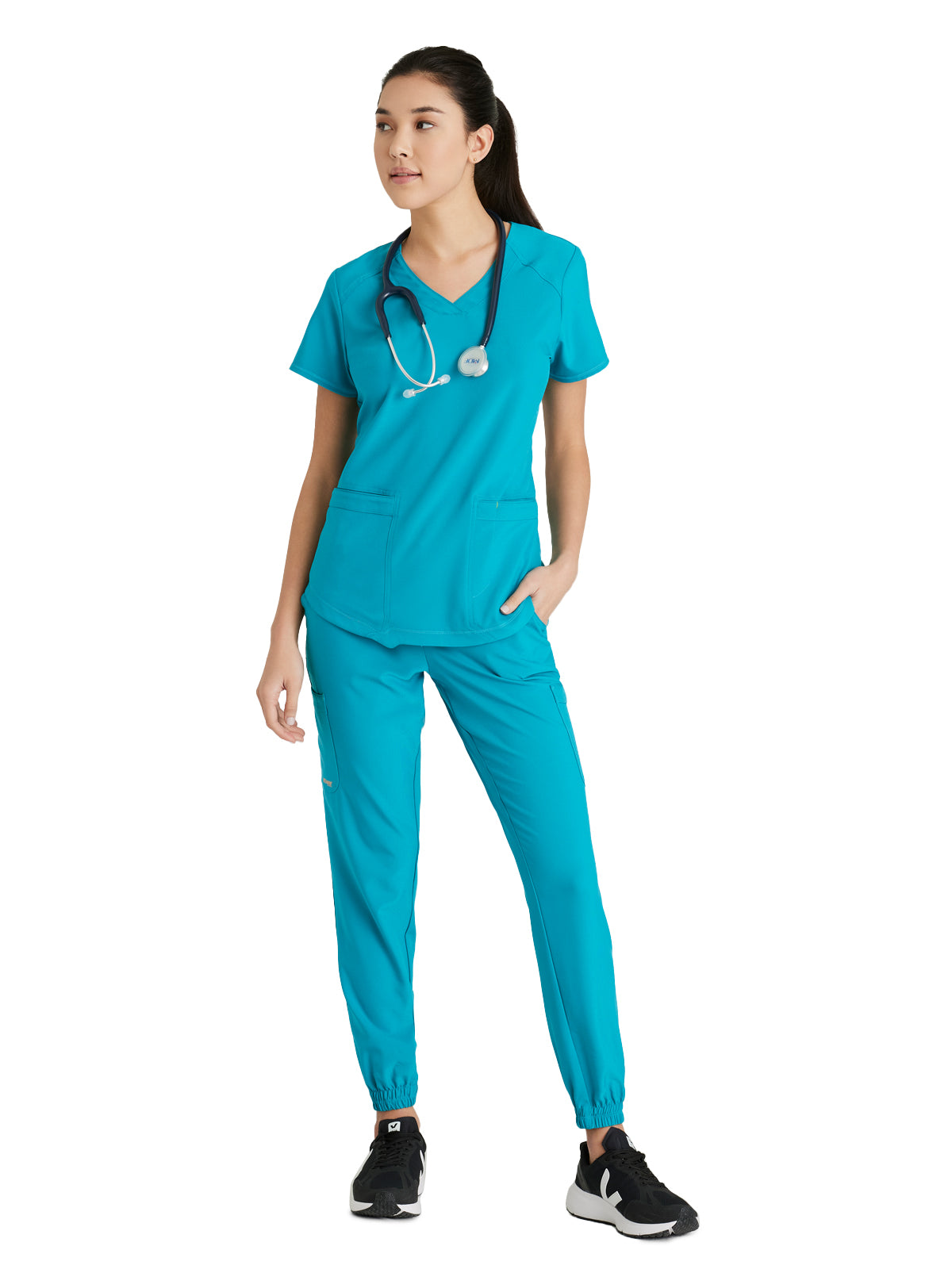 Women's Two-Pocket Piped V-Neck Rhythm Top - GSST180 - Teal