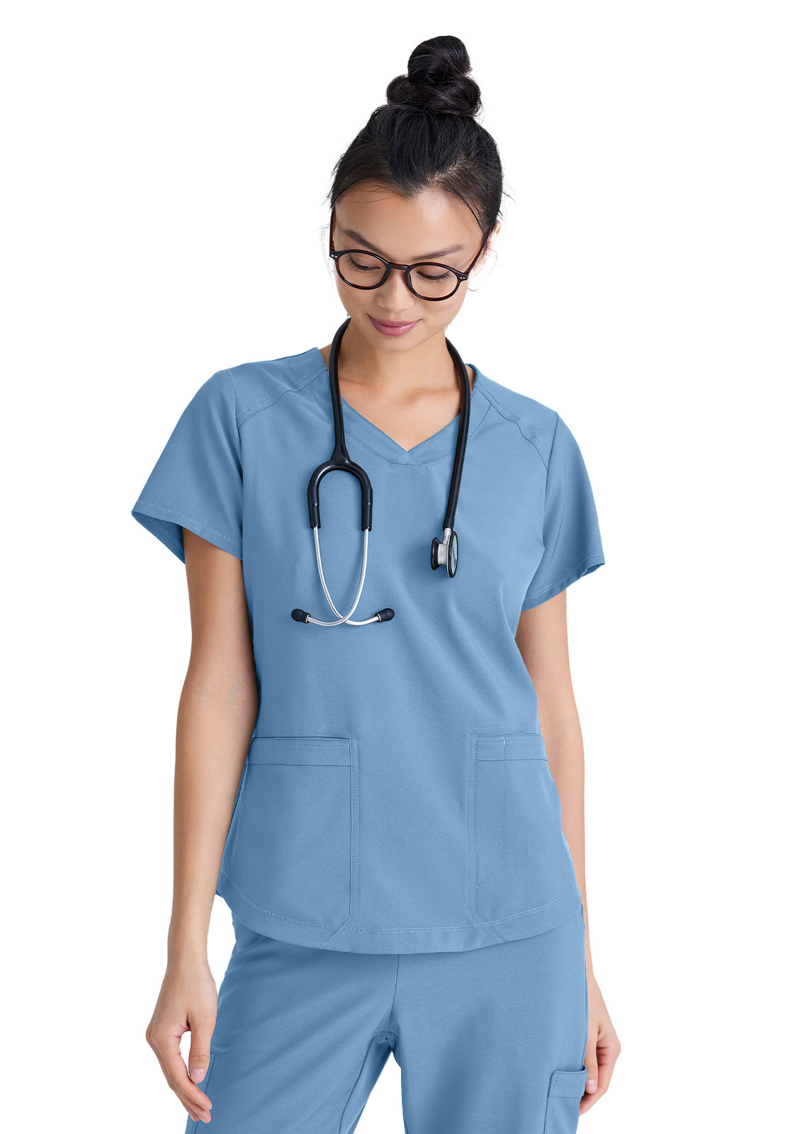 Women's Two-Pocket Piped V-Neck Rhythm Top - GSST180 - Ciel Blue