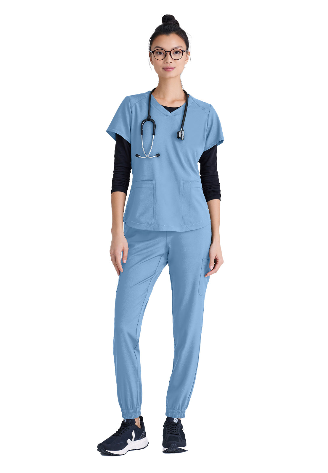 Women's Two-Pocket Piped V-Neck Rhythm Top - GSST180 - Ciel Blue