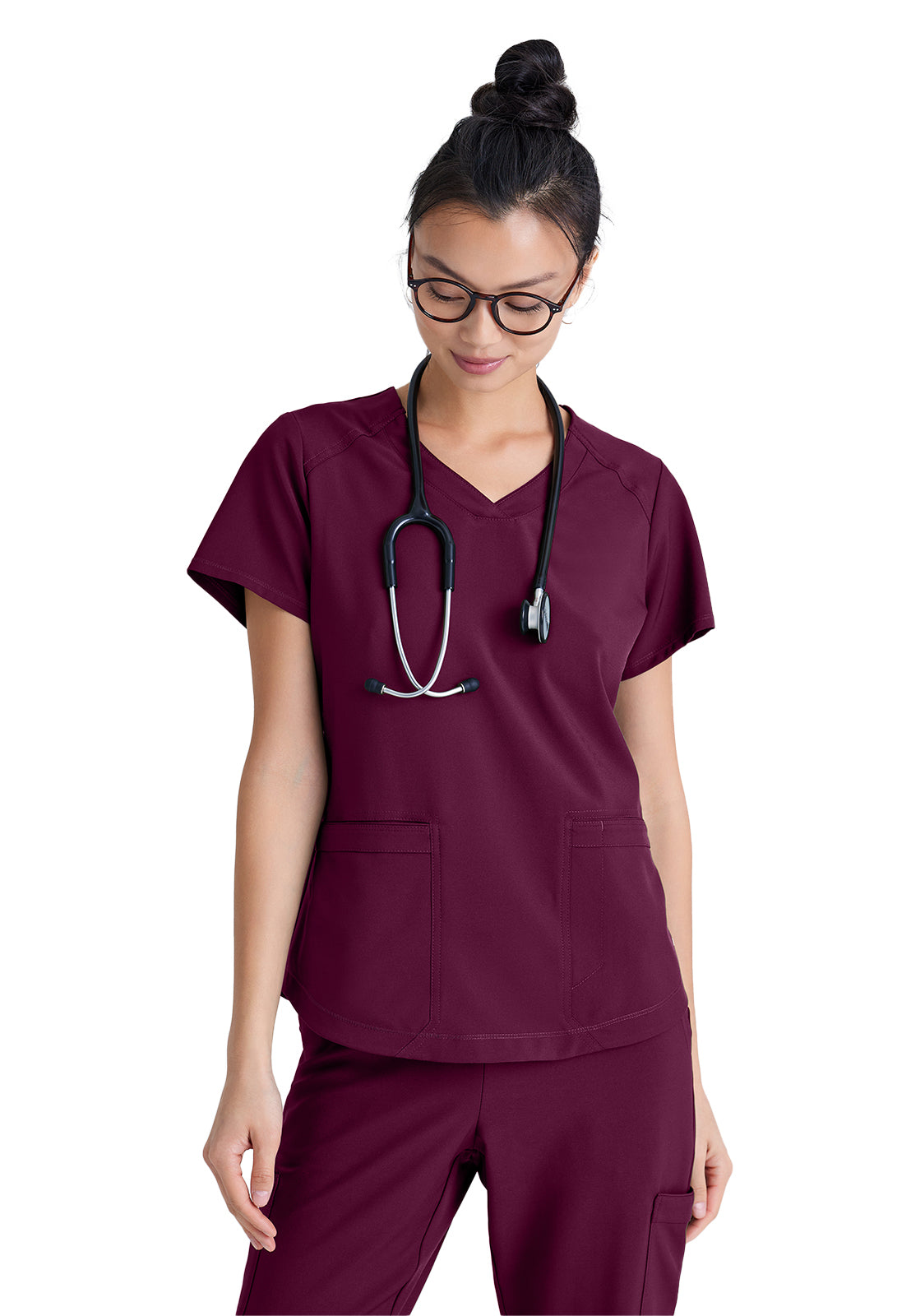 Women's Two-Pocket Piped V-Neck Rhythm Top - GSST180 - Wine