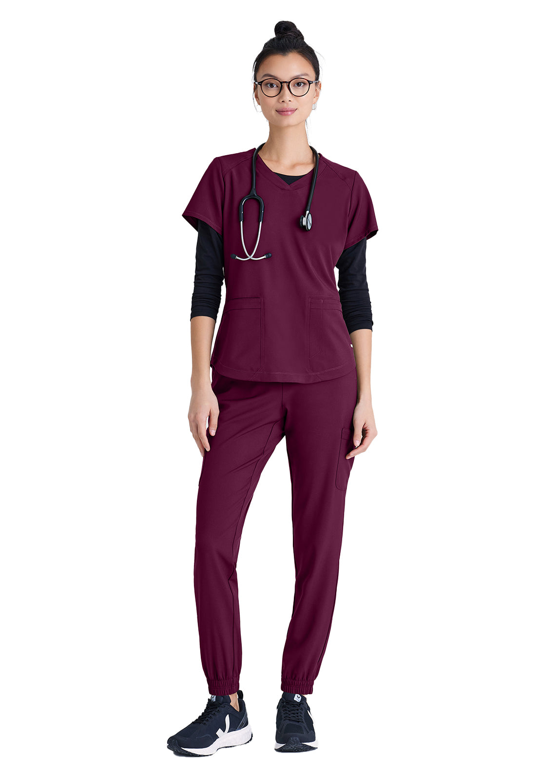 Women's Two-Pocket Piped V-Neck Rhythm Top - GSST180 - Wine