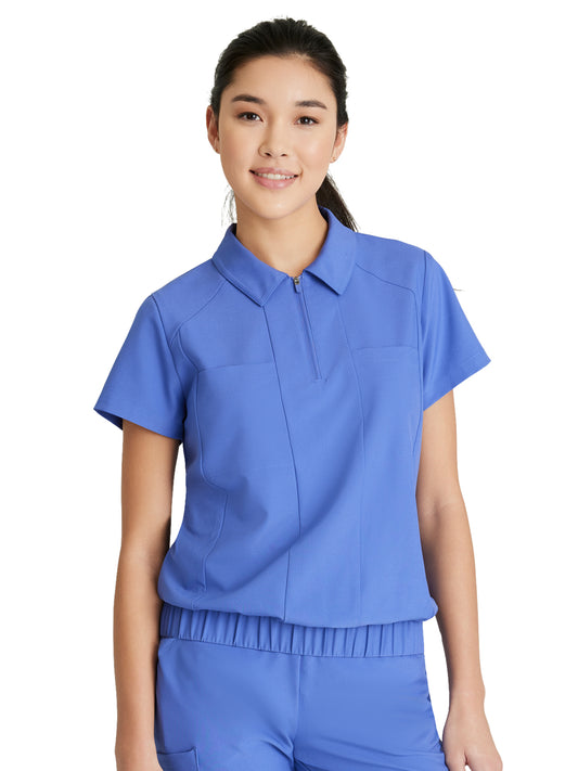 Women's 2 Pocket Zip Neck Banded Waist Perseverance Top - GSST215 - Vivid Lapis