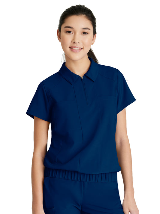 Women's 2 Pocket Zip Neck Banded Waist Perseverance Top - GSST215 - Indigo (Navy)