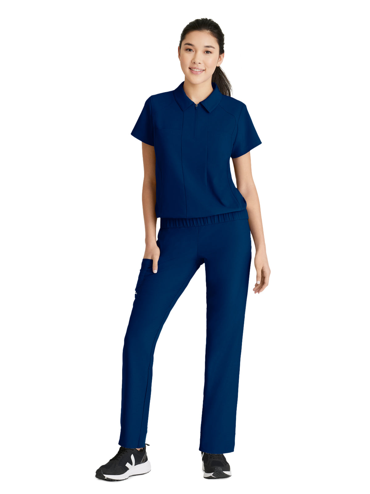 Women's 2 Pocket Zip Neck Banded Waist Perseverance Top - GSST215 - Indigo (Navy)