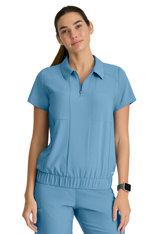 Women's 2 Pocket Zip Neck Banded Waist Perseverance Top - GSST215 - Ocean Mist