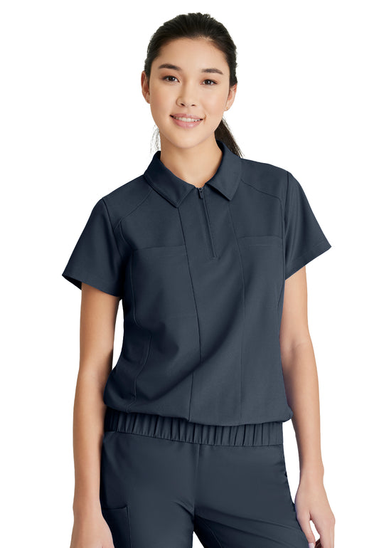 Women's 2 Pocket Zip Neck Banded Waist Perseverance Top - GSST215 - Steel