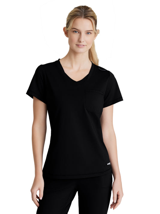 Women's 1 Pocket Tulip Hem Flow Top - SKT221 - Black
