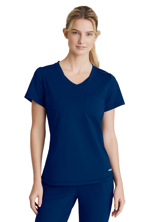 Women's 1 Pocket Tulip Hem Flow Top - SKT221 - Navy
