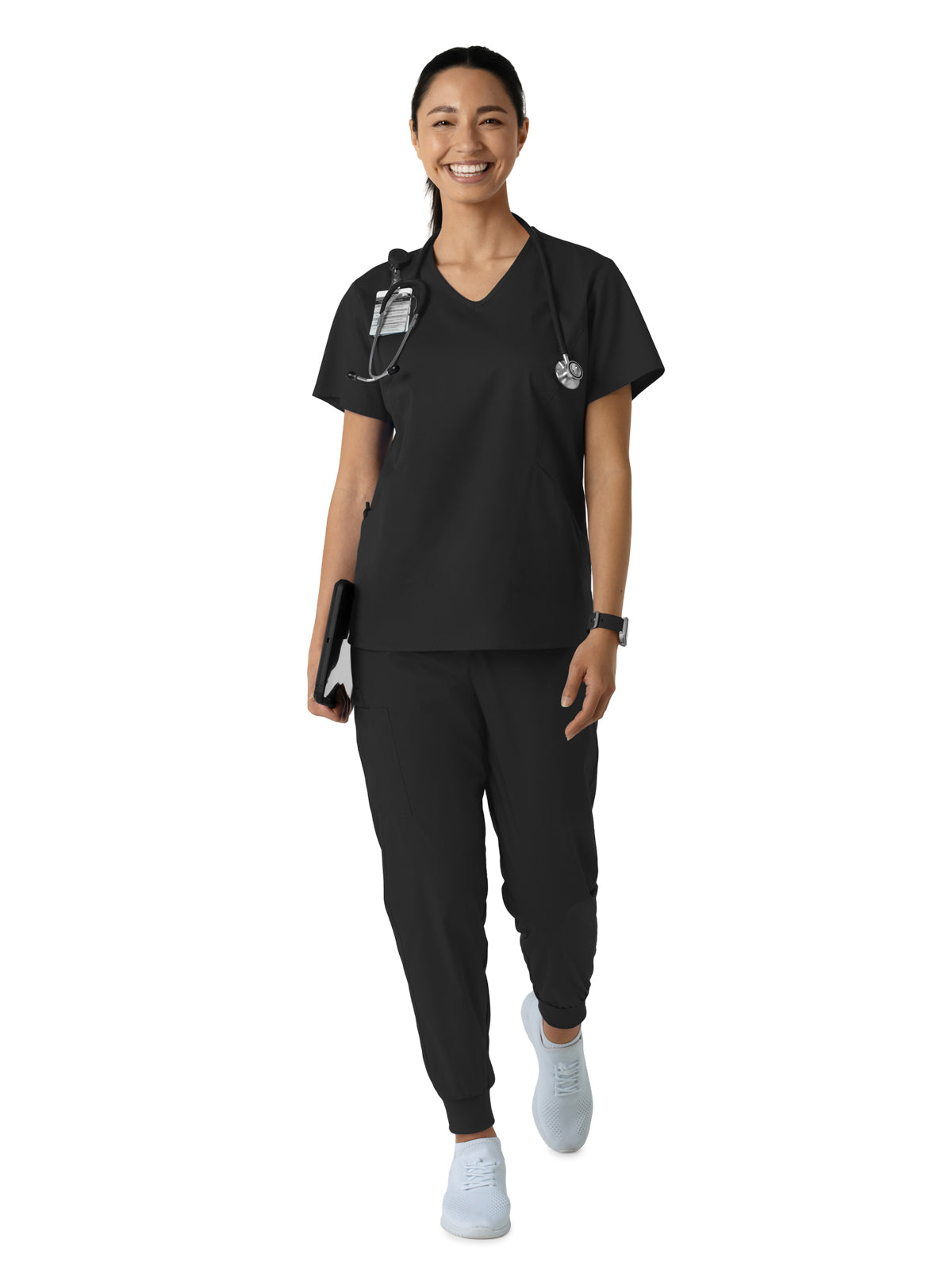 Women's Three-Pocket Curved V-Neck Top - 106 - Black