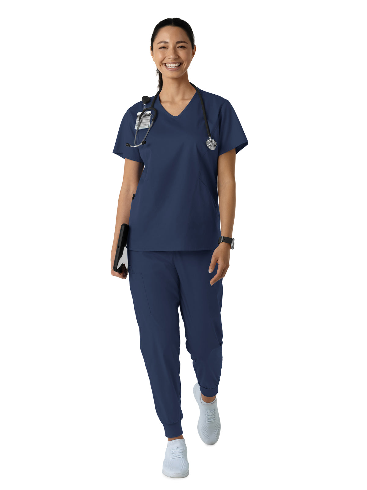 Women's Three-Pocket Curved V-Neck Top - 106 - Navy