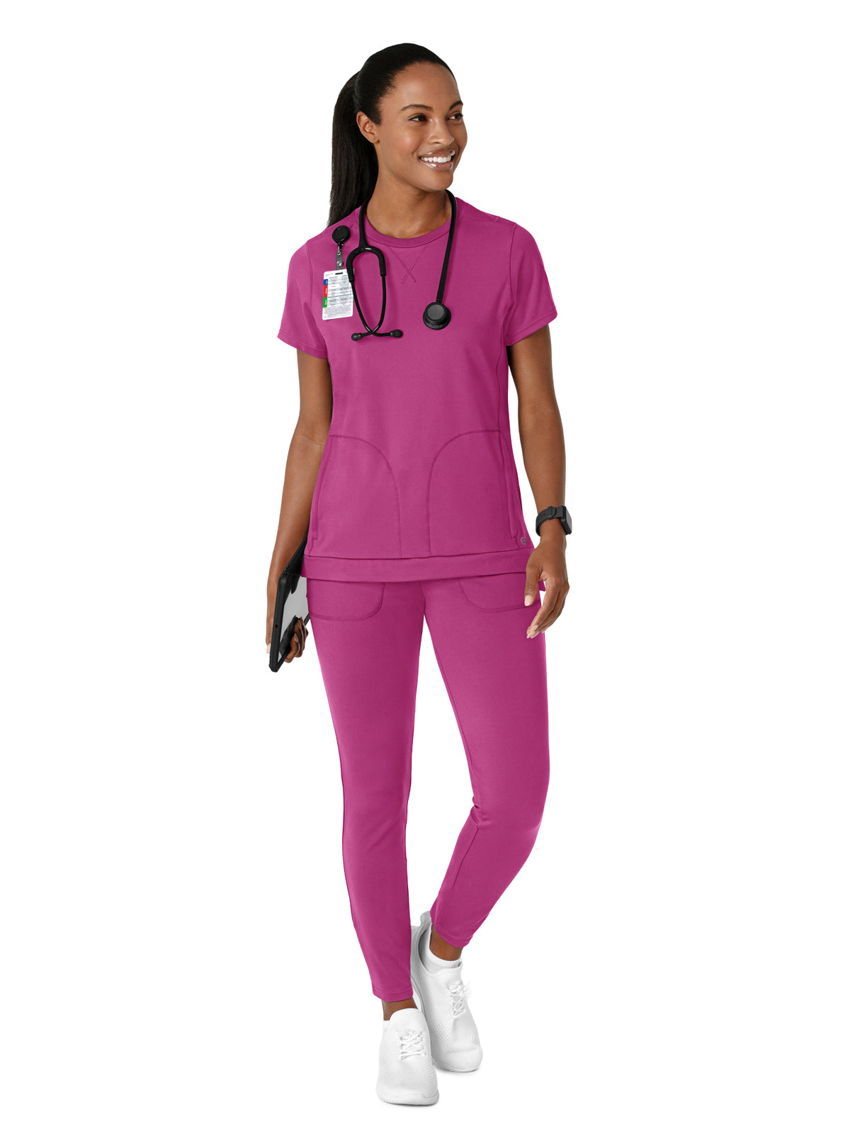 Women's Two-Pocket Flex-n-Reach Crew Neck Top - 6359 - Raspberry