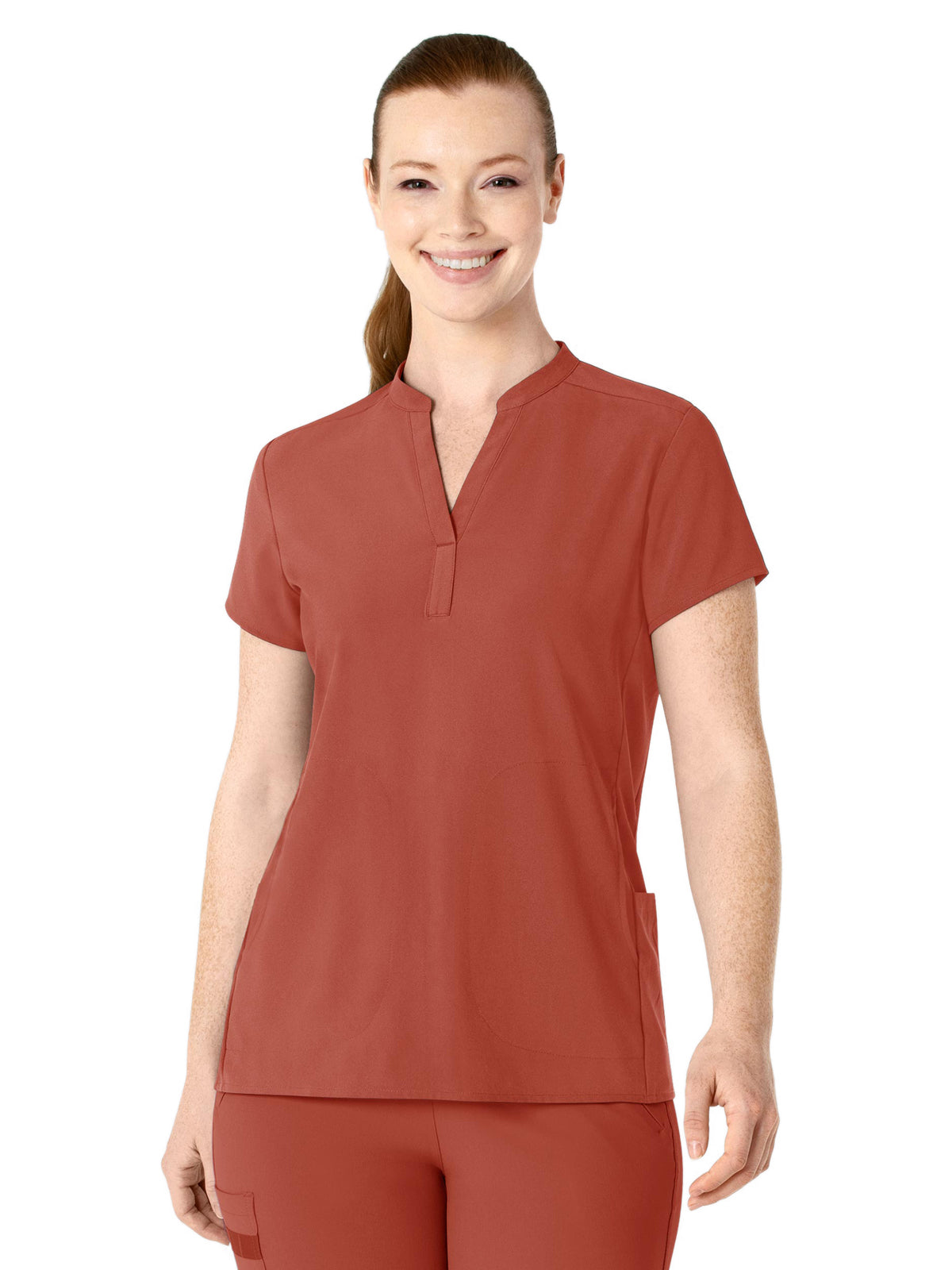 Women's Four-Pocket Mandarin Collar Top - 6734 - Mineral Red