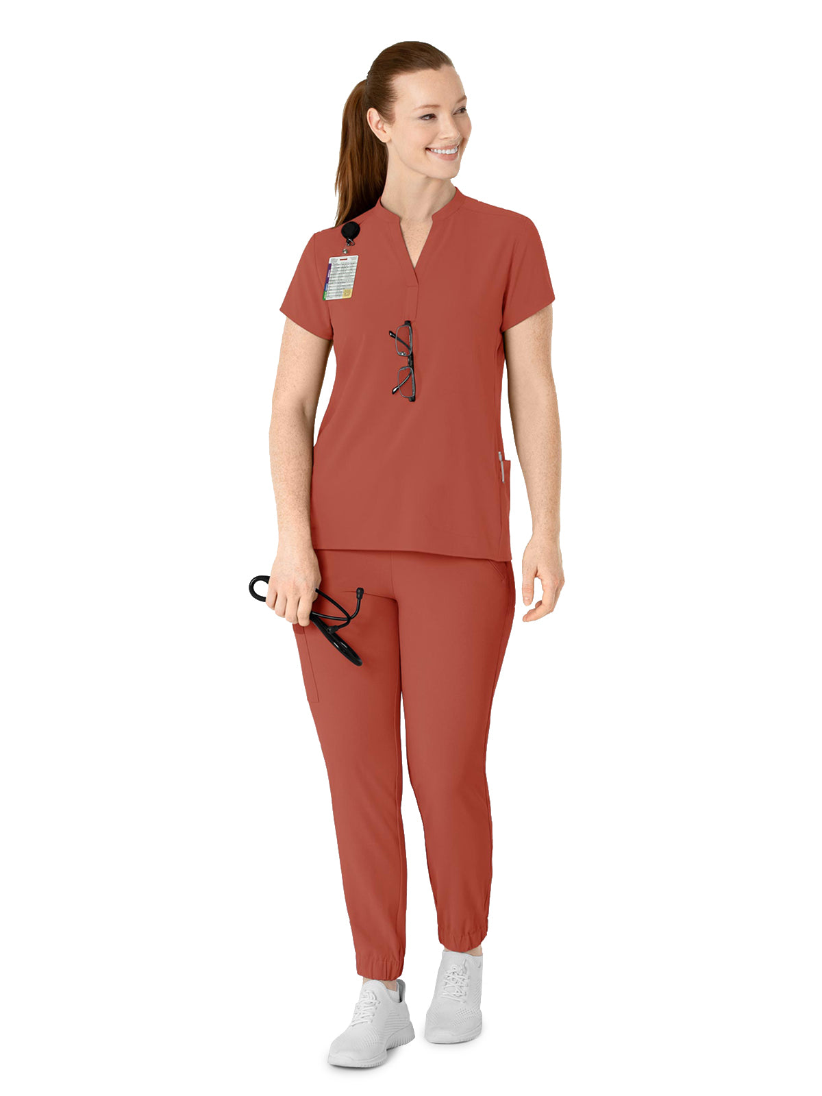 Women's Four-Pocket Mandarin Collar Top - 6734 - Mineral Red