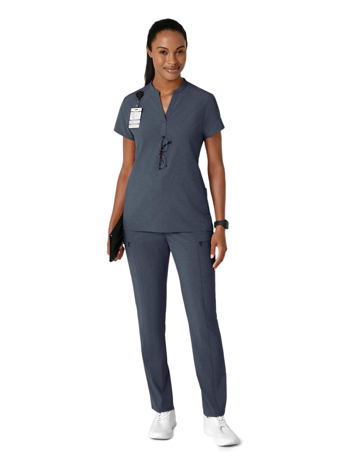 Women's Four-Pocket Mandarin Collar Top - 6734 - Navy Heather