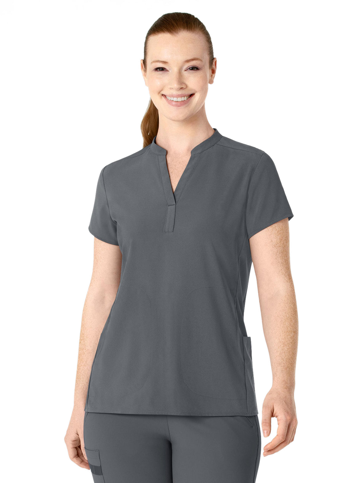 Women's Four-Pocket Mandarin Collar Top - 6734 - Pewter