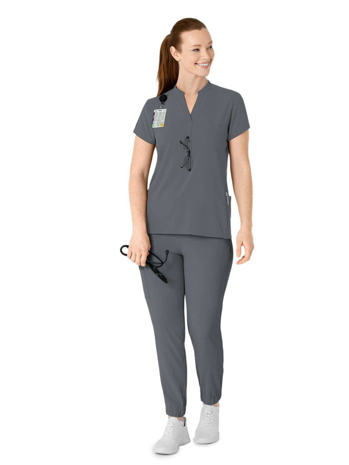 Women's Four-Pocket Mandarin Collar Top - 6734 - Pewter