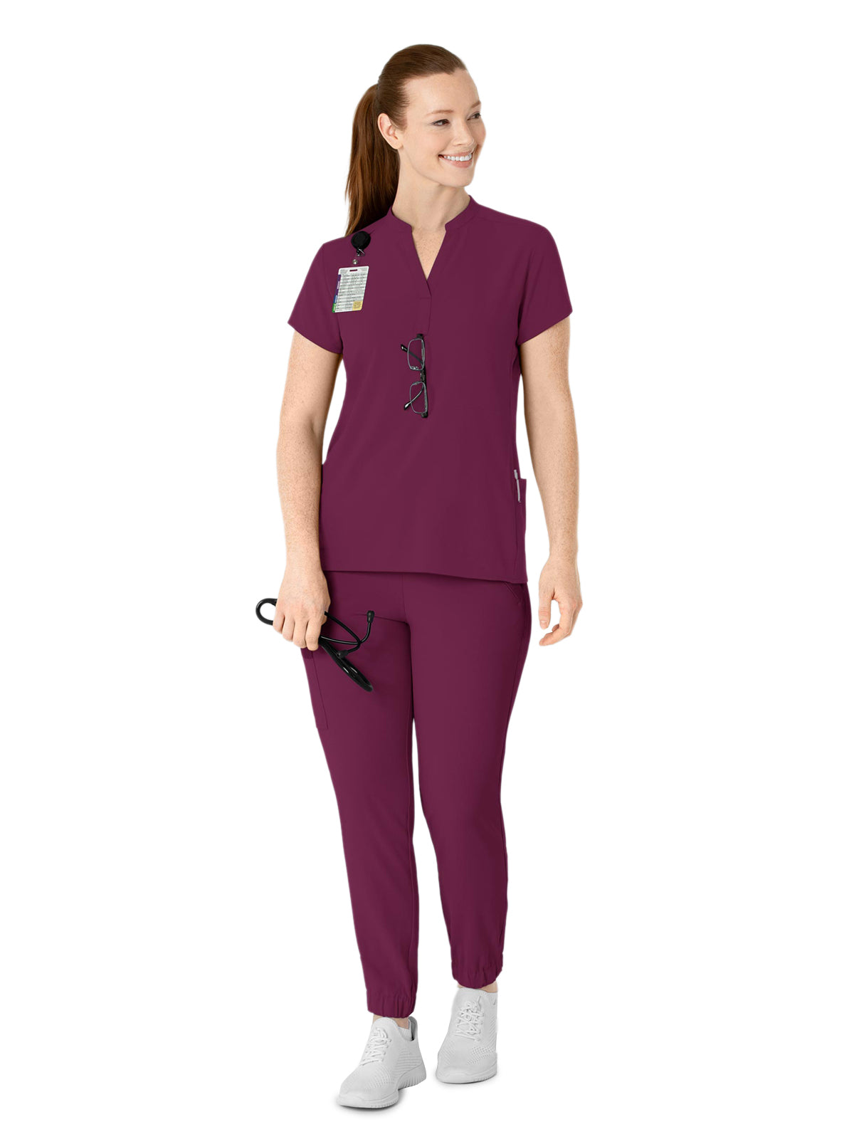 Women's Four-Pocket Mandarin Collar Top - 6734 - Wine