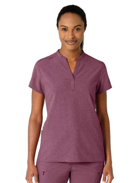 Women's Four-Pocket Mandarin Collar Top - 6734 - Wine Heather
