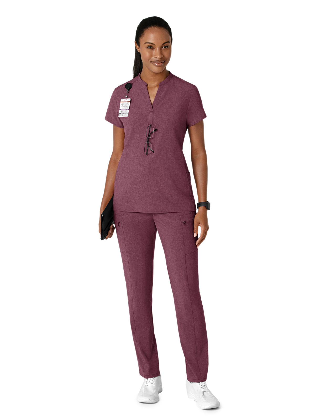 Women's Four-Pocket Mandarin Collar Top - 6734 - Wine Heather