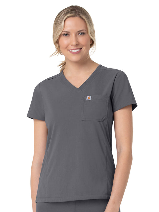 Women's Two-Pocket V-Neck Top - C12137 - Pewter