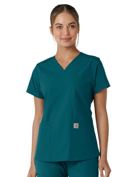 Women's Four-Pocket V-Neck Knit Panel Top - C12313 - Caribbean