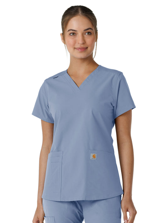 Women's Four-Pocket V-Neck Knit Panel Top - C12313 - Ceil Blue