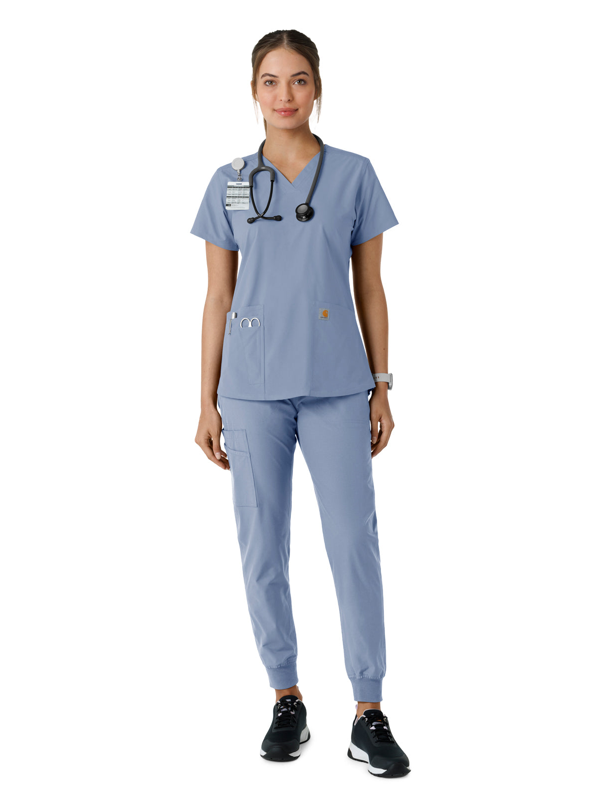 Women's Four-Pocket V-Neck Knit Panel Top - C12313 - Ceil Blue