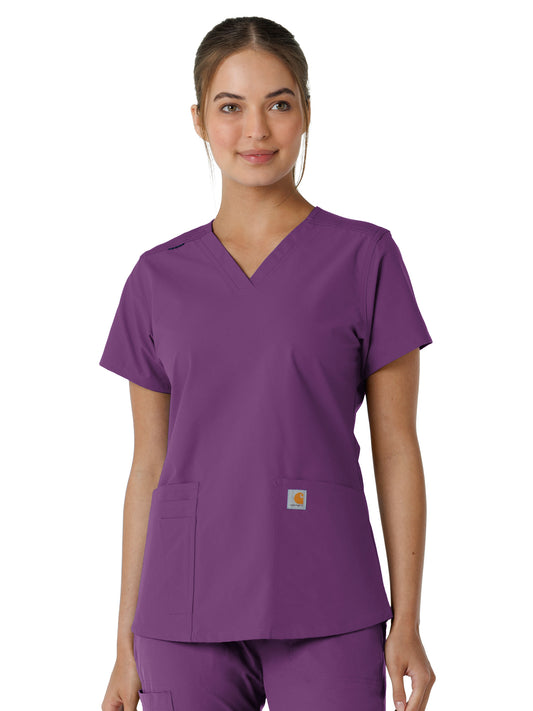 Women's Four-Pocket V-Neck Knit Panel Top - C12313 - Eggplant