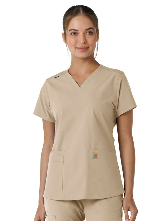 Women's Four-Pocket V-Neck Knit Panel Top - C12313 - Khaki