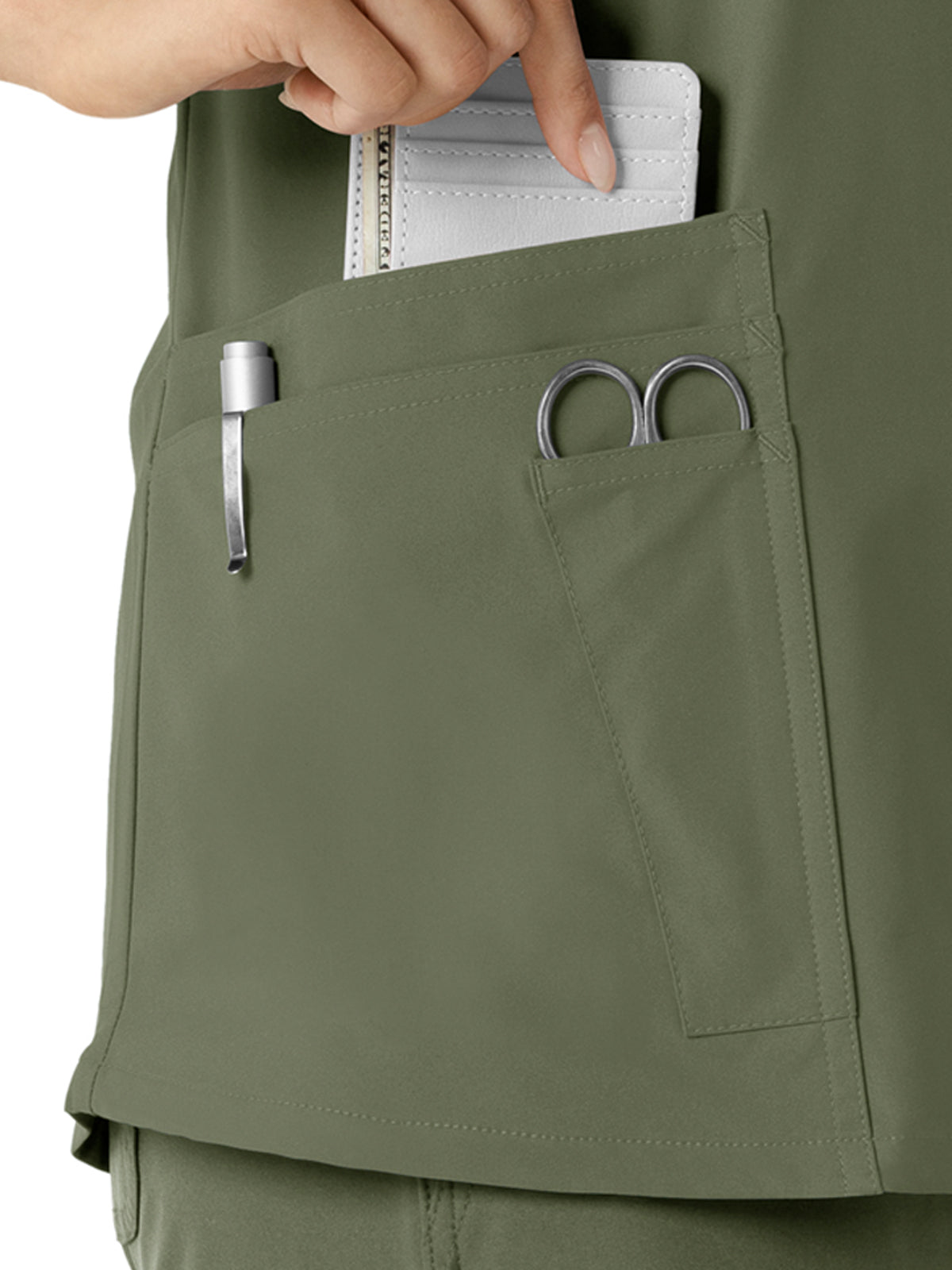 Women's Four-Pocket V-Neck Knit Panel Top - C12313 - Olive