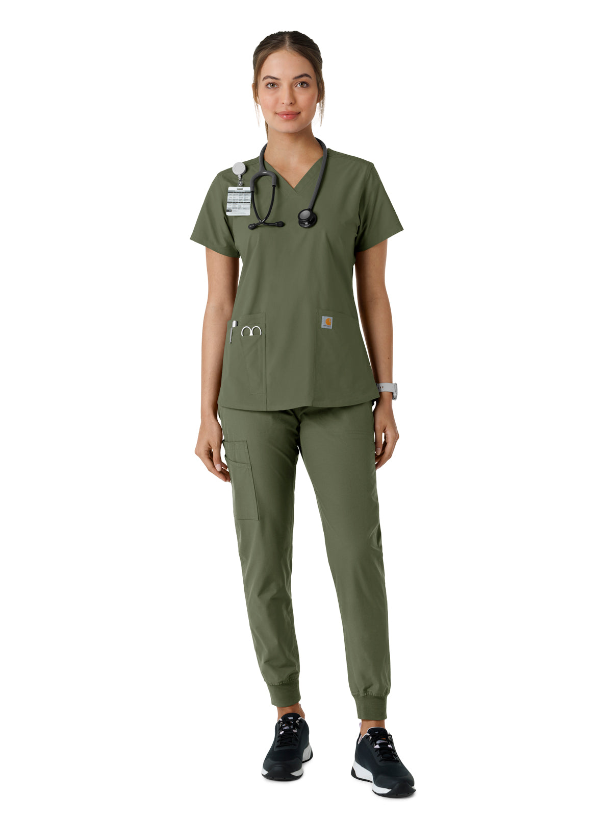 Women's Four-Pocket V-Neck Knit Panel Top - C12313 - Olive