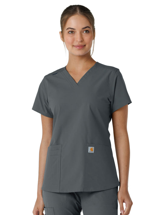 Women's Four-Pocket V-Neck Knit Panel Top - C12313 - Pewter