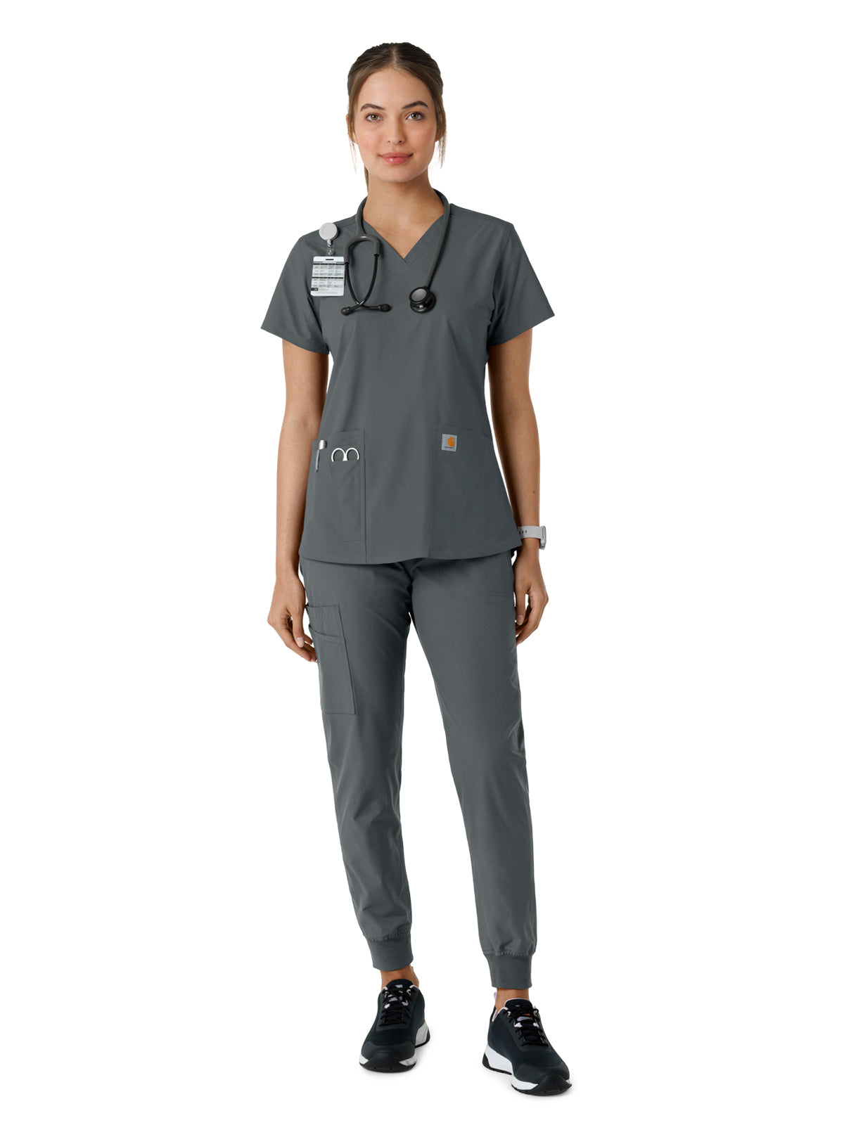 Women's Four-Pocket V-Neck Knit Panel Top - C12313 - Pewter