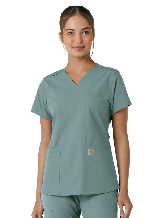 Women's Four-Pocket V-Neck Knit Panel Top - C12313 - Summer Blue