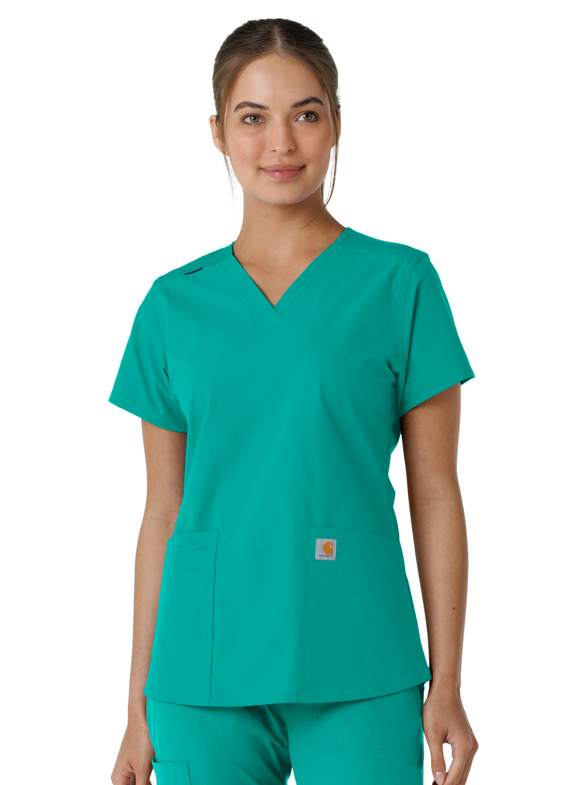 Women's Four-Pocket V-Neck Knit Panel Top - C12313 - Teal