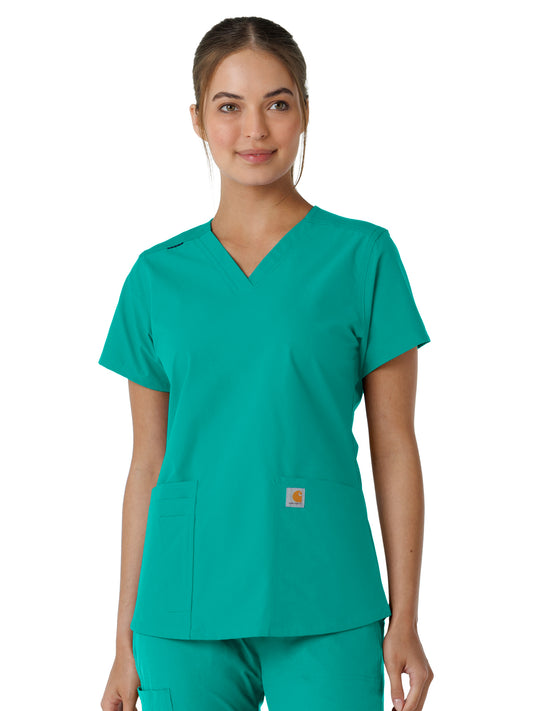 Women's Four-Pocket V-Neck Knit Panel Top - C12313 - Teal