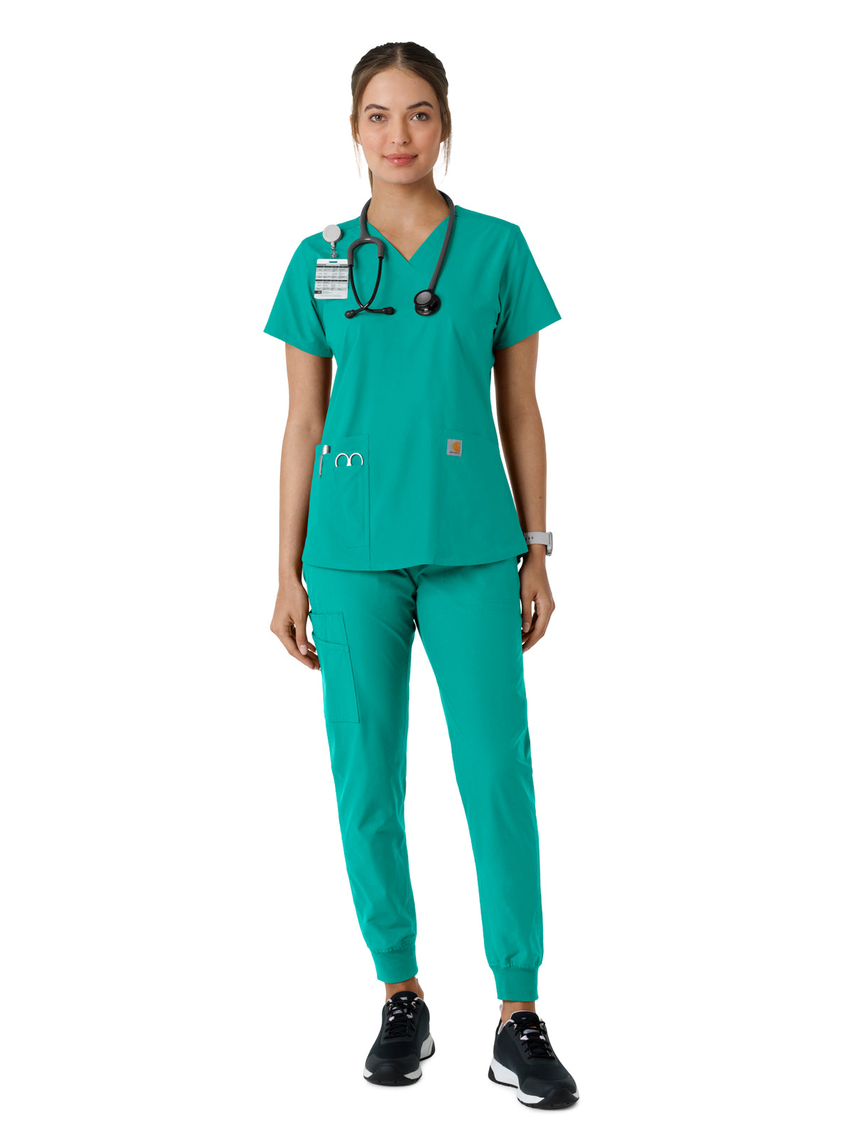 Women's Four-Pocket V-Neck Knit Panel Top - C12313 - Teal