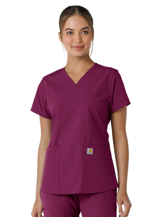 Women's Four-Pocket V-Neck Knit Panel Top - C12313 - Wine