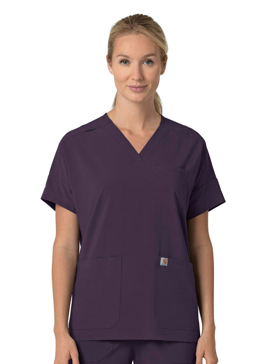 Women's Four-Pocket Oversized V-Neck Top - C13110 - Black Plum