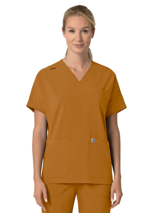 Women's Four-Pocket Oversized V-Neck Top - C13110 - Fox Brown
