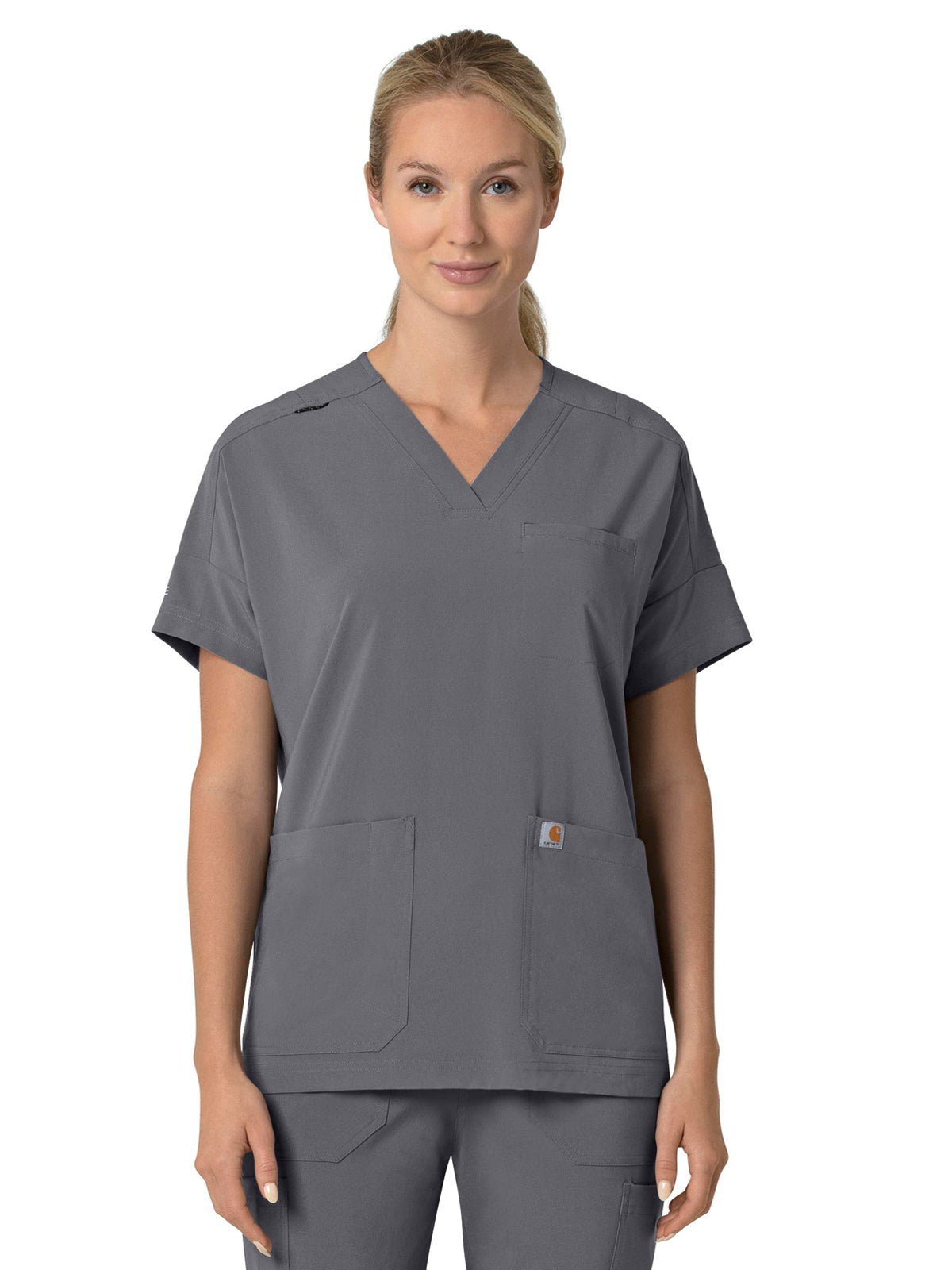 Women's Four-Pocket Oversized V-Neck Top - C13110 - Pewter
