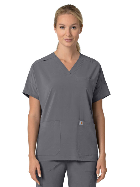 Women's Four-Pocket Oversized V-Neck Top - C13110 - Pewter
