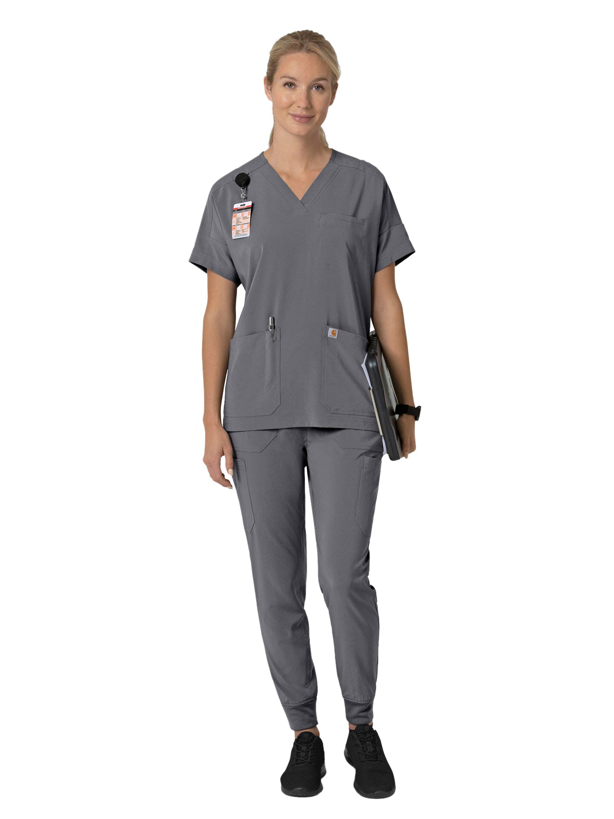Women's Four-Pocket Oversized V-Neck Top - C13110 - Pewter